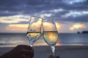 two people drinking a glass of wine at the beach